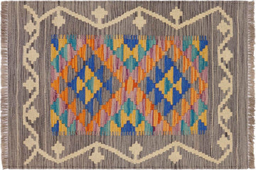 Flat Weave Kilim, Antique, Navaho, Vintage, Handmade, Geometric Kilim Gray Beige Hand-Woven Rectangle 100% Wool Area Rug 2 x 3